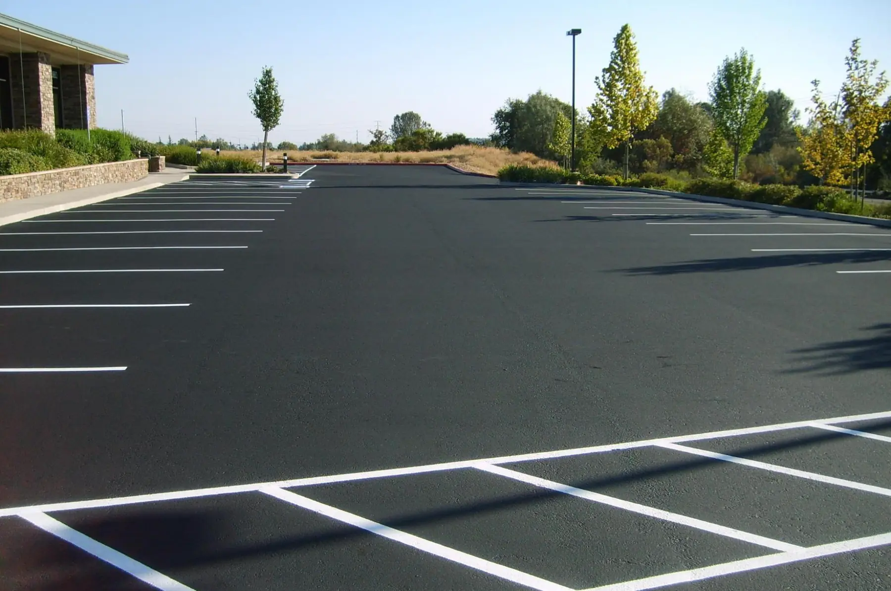 Freshly paved commercial parking lot with crisp white line striping
